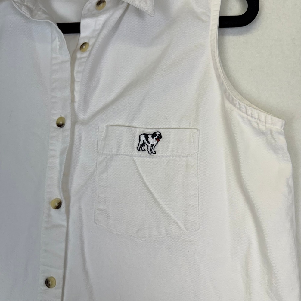 VTG Big Dogs Wmns S White Sleeveless Cotton Shirt Embroidered Logo Americana 90s - Picture 6 of 7